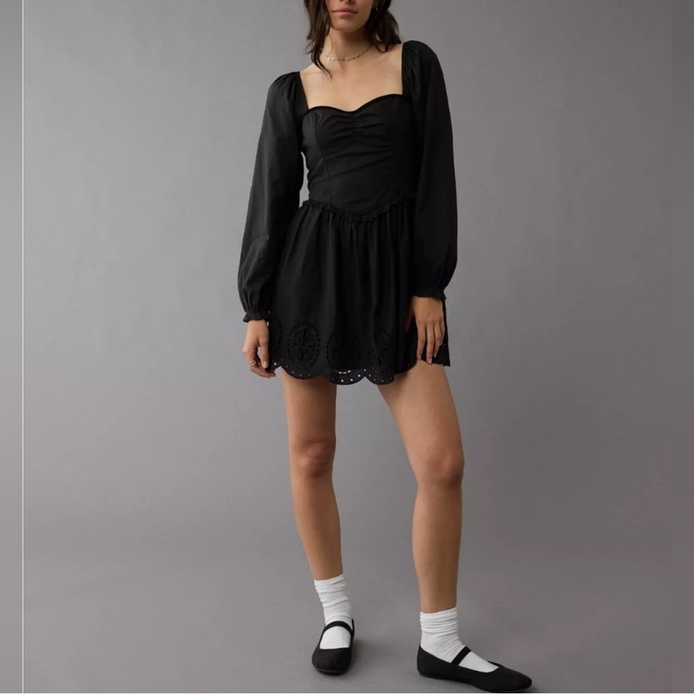 NWOT AE Coquette Long-Sleeve Sweetheart Mini Dress In Black - Size XL